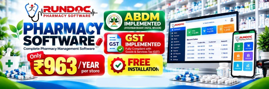 RUNDOC Pharmacy Software – ABDM and GST implemented pharmacy management software at ₹963 per year per store with free installation